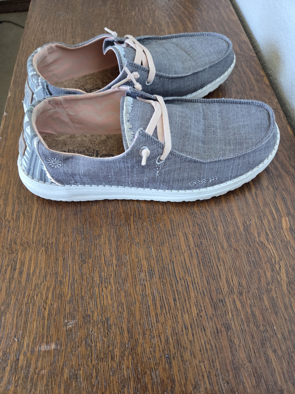 Hey Dude Wally Wash Gray Canvas Flats with Light Pink Accents